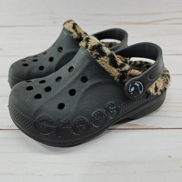 Crocs Baya Clog Toddler C8‎ C9 Brown Leopard Lined Clog - Picture 1 of 9